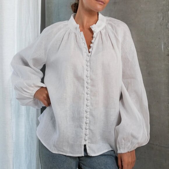 Lunar Fox White Linen Peasant Blouse Button Down Top Wide Sleeves L XL Hansel - Picture 2 of 14